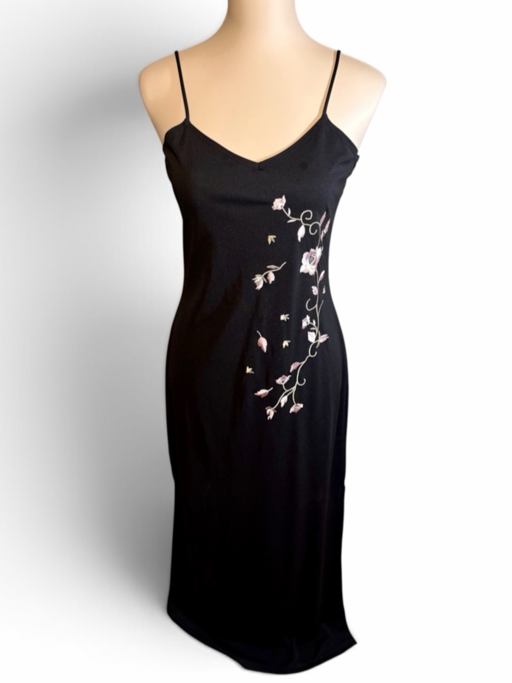Vintage RAG Black Slip Dress Floral Embroidery Size M 90s Y2k Spaghetti Strap